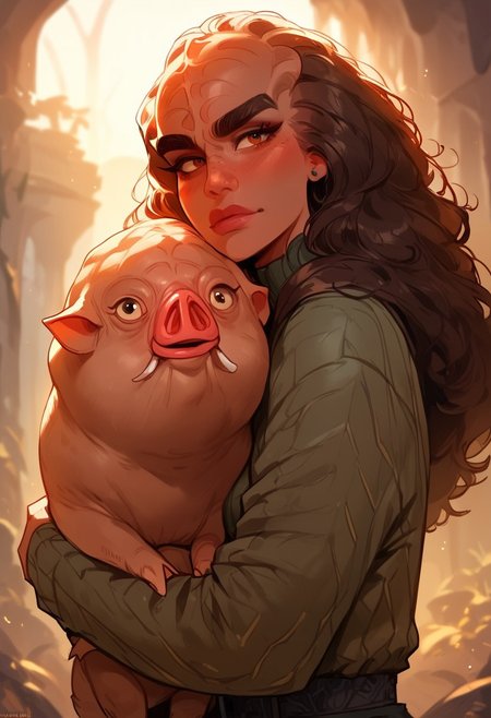 score_9, score_8_up, score_7_up, score_6_up,  p3tl0v3, 1girl, kling0n alien female, dark brown skin, large forehead ridges, large eyebrows, hugging an adorable alien warthog creature,