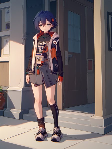 score_9, score_8_up, score_7_up, BREAK, BelleZZZ, short blue hair, orange hairpin, black T-shirt, green pendant, unbuttoned jacket, audio player on belt, one fingerless glove, gray skirt, one black stocking, one sock, sneakers, tired, fatigued, weary, on all four, broken vase  <lora:BelleZZZ:1>