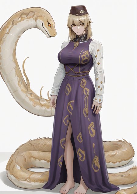 1girl, mishaguji, moriya suwako, huge breast, animal print, barefoot, blonde hair, blunt bangs, brown headwear, closed mouth, dress, embellished costume, expressionless, frog print, hair between eyes, hat, jewelry, long sleeves, looking at viewer, medium hair, purple dress, ring, rope, scales, shimenawa, sleeves past fingers, sleeves past wrists, snake, solo, standing, straight-on, very long sleeves, white sleeves, white snake, yellow eyes, zPDXL3  <lora:Blue_Ogre:1>
