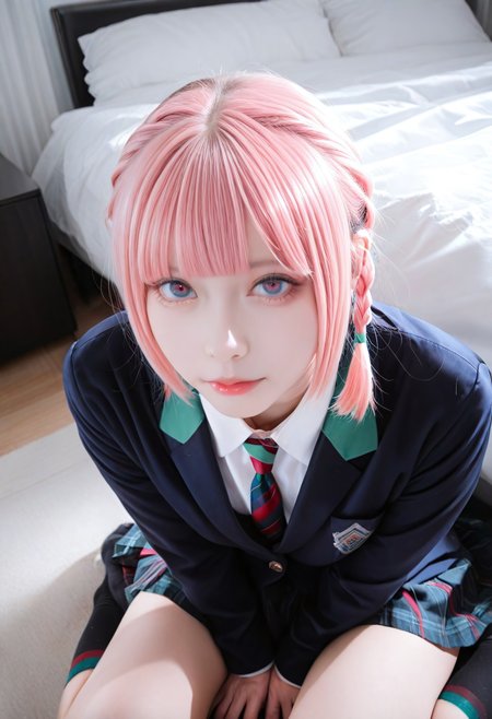 4K photo, very awa, masterpiece, best quality, highres, absurdres, realistic, photorealistic, photo, close-up, 1girl, japanese, KAF \(kamitsubaki studio\), short hair, braid, blue eyes, looking at viewer, school uniform, necktie, hotel, bed, sitting, scenery