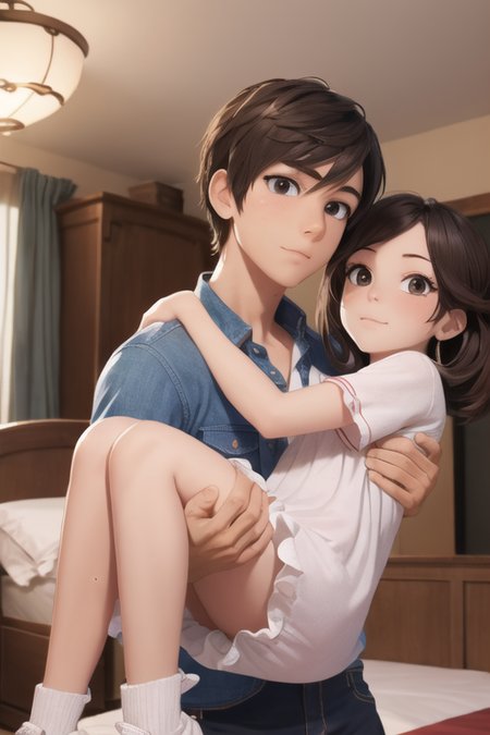 1girl, 1boy, princess carry, bedroom, <lora:princess_carry_v0.1:1>,,, masterpiece, best quality, highly detailed