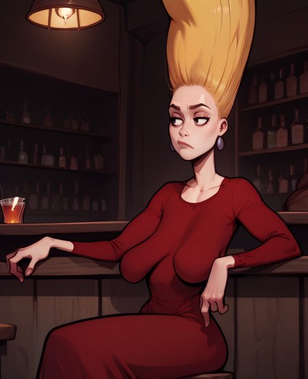 score_9,score_8_up,score_7_up,score_6_up,
pcklesxl,upward hair,large blonde hair,black eyes,bored expression,
red dress,earrings,sagging breasts,long sleeves,
bar,sitting,<lora:Pickles:1>,