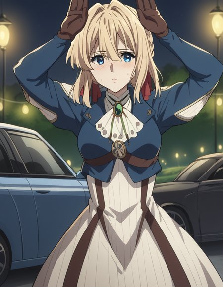 score_9, score_8_up, score_7_up, source_anime, <lora:violet-evergarden-s1-ponyxl-lora-nochekaiser:1>, violet evergarden, blonde hair, blue eyes, hair ribbon, ribbon, short hair, braids, hair braids, red ribbon, mature female, medium breasts,, blue jacket, brown gloves, cropped jacket, dress, gloves, green brooch, jacket, juliet sleeves, long sleeves, puffy sleeves, white dress,, gas station, pumps, car, fuel, lights, , <lora:rabbit-pose-ponyxl-lora-nochekaiser:1>, rabbit pose, , blush,, looking at viewer, solo,, dutch angle, cowboy shot