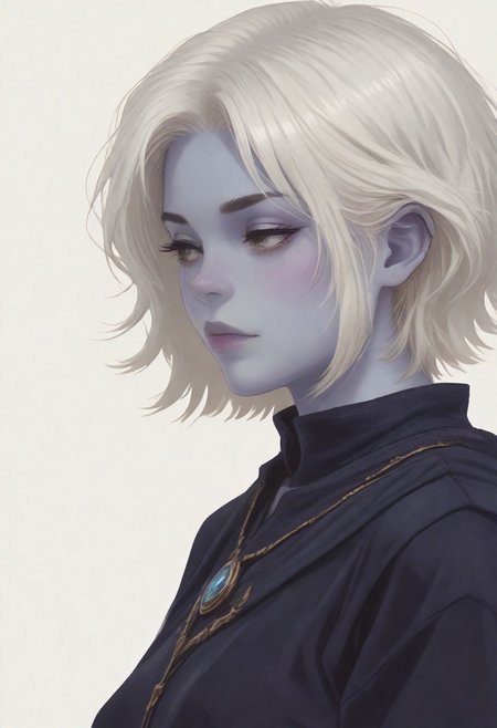 score_8_up, score_7_up, score_6_up, dnd <lora:dnd_flat:0.95> 1girl tiefling, portrait, short horns, blue skin <lora:Crude:0.6> (wizard clothes:1.2) , jewelry, short BOB hair, WHITE hair, close up, side view. 
WHITE BACKGROUND