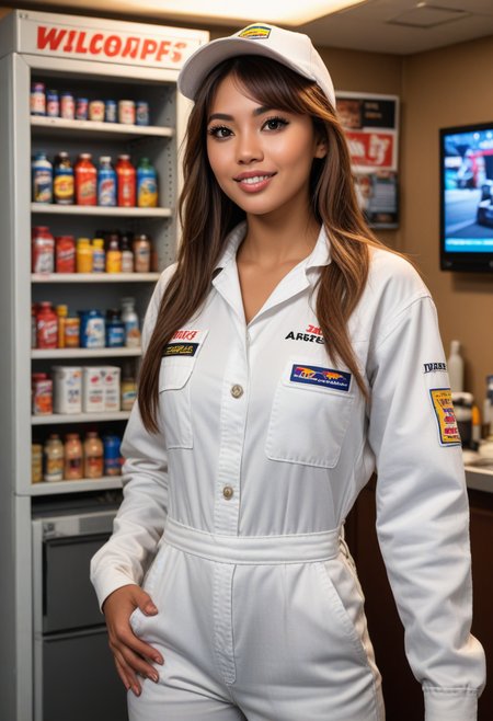 (medium full shot) of (handsome mechanic) young woman, philippine, brown eyes, tan skin, tan skin, light brown eyes, voluptuous build, extra long brown curtain bangs hair,  wearing a white coverall,overalls,work boots, work cap, dirty with oil and grease, set in  Pit Stop Lounge, comfortable space with couches, a fridge stocked with drinks, a table with snacks, a TV showing the race, posters of race cars on the walls, a bulletin board with team information, at night, woman surprised, open mouth, running toward the viewer, Masterpiece,best quality, photorealistic, amazing quality, very aesthetic, extremely detailed face,