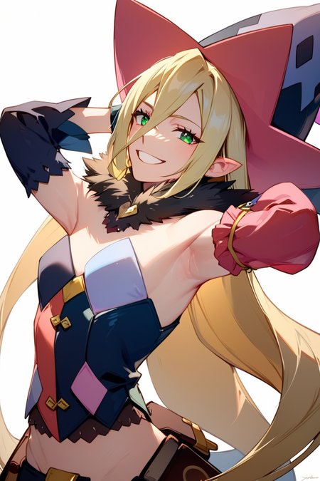 score_9, score_8_up, score_7_up, very aesthetic, source_anime, detailed, high quality, beautiful, masterpiece, detailed eyes,
forest, ruins, 
<lora:lightXL:0.8>
dynamic angle, from below, from behind, close up, upper body,
grin, looking at viewer, hand over head, armpit, dynamic pose,
<lora:magilou_autismConfetti_v01:0.95>
magilou \(tales\), blonde hair, very long hair, green eyes, hair between eyes, pointy ears,
bare shoulders, hat, mismatched sleeves, asymmetrical sleeves, detached sleeves, fur collar, fur-trimmed collar, mismatched legwear, asymmetrical footwear, mismatched footwear, strapless,, zPDXL
