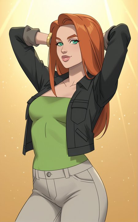 score_9, score_8_up, score_7_up, absurdres,contrapposto, arms behind head, cowboy shot, looking at viewer, backlighting, light smile, light particles, blurry background, depth of field, bloom, gradient background, yellow background, spotlight,  <lora:PONYXL_Invincible_AtomEve_ownwaifu:0.85>, BREAK BlackJacketGreenShirt_AtomEve_ownwaifu, 1girl, orange hair, shiny hair, straight hair, eyelashes, green eyes, long hair, nose, thick eyebrows, thick lips, green shirt, black jacket, collarbone, open jacket, grey pants, jewelry, long sleeves, pocket, breasts, lipstick, bangle, breast pocket, medium breasts,    <lora:add-detail-xl:0.15>,