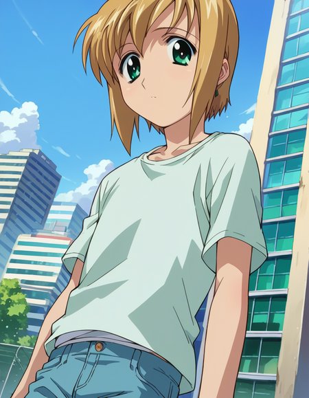 score_9, score_8_up, score_7_up, source_anime,
bokunopico, <lora:boku-no-pico-ponyxl-lora-nochekaiser:1>
pico, short hair, green eyes, blonde hair,
shirt, white shirt, pants,
outdoors, cityscape,
looking at viewer, dutch angle, cowboy shot,