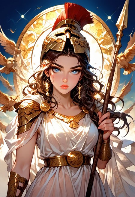Stable_Yogis_PDXL_Positives, (score_9, score_8_up, score_7_up), ((zPDXL3)), ((zPDXLxxx)), ((Greek mythology style)), ((face focus, eye focus, dynamic angle, motion)), (1girl, solo), fantasy, (greek_athena, helmet ontop of head, brown hair, long hair, toga, armor, sandals), ((((sheer material, silk, semi-transparent clothes)))), (ancient greek clothes), (armor), (holding spear), lace, cape, breathless intimacy, tanned skin, petite model bombshell, heart, young, delicate features, narrow pointy nose, tiny nose, lust, big eyes, seductive eyes, blue eyes, detailed skin, flared lashes, mascara, makeup, perky huge breasts, athletic body, narrow waist, skinny hips, 
warm light, detailed, neon dark party
 BREAK
milky way, runes, arcane, astral, surreal, ethereal glow, masterpiece, best quality, intricate design. colorful, moonlit nightsky, stained glass aesthetic, moody whimsical color palette, murano glass, bold soldering lines, volumetric light shining through, crepuscular rays, intricate craftsmanship, detailed texture, luminous transparency, reflective light play, vivid hues, atmospheric depth, enchanting silhouette, art nouveau,