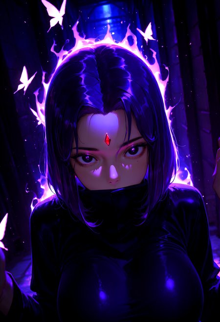 HDR, 8K, high contrast, masterpiece, best quality, amazing quality, very aesthetic, superabsurd res, high resolution, ultra-detailed, absurdres, newest, scenery, (horikoshi kouhei:0.3), (quasarcake:0.3), (wlop:0.3), lightrays, chiaroscuro, dynamic angle, solo, bug, butterfly, TT_Arella Roth, 1girl, thin face, thin head, forehead jewel, mature female, dark purple eyes, black eyes, purple hair, widows peak, medium hair, huge breasts, heavy breasts, looking at viewer, covered mouth, black aura, strong aura, purple theme, eyelashes, flower, dark theme, glowing, epic, backlighting, partially illuminated, Intricately designed, Mysterious Shadows, BREAK, photorealistic, beautiful detailed eyes, detailed skin, detailed hair, volumetric lighting, dappled light, light particles, dramatic shadows, cinematic lighting, photo background, depth of field, <lora:ponyxl\cfg_scale_boost:0.7> <lora:ponyxl\KMS_TeenTitans_ArellaRoth_Pony-000015:1>