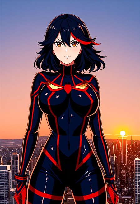 (masterpiece, best quality, best shadows), 1girl, solo, Matoi Ryuuko, spider-man suit, large breasts, skyscrapers background, evening, orange sun, cowboy shot