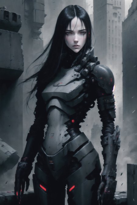 dark colors, best quality,realistic,detailed,soft lighting,  sanakan (safeguard),safeguard, hair, cyborg, portrait, detailed face, pale skin, tubes, concrete, mega structures, giant buildings ,decrepit scenery,  debris, <lora:blamev2:0.8>