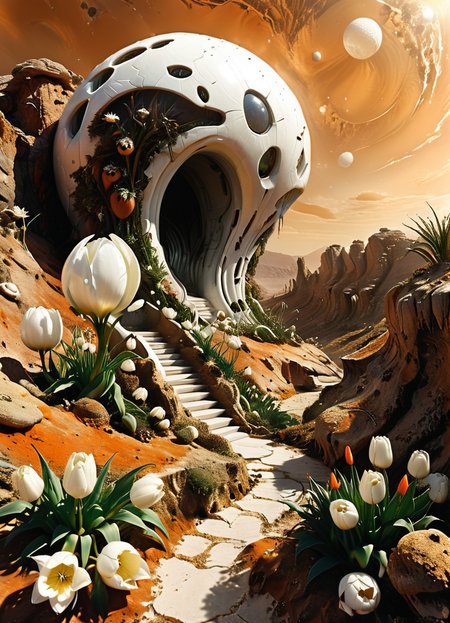 PandoraLnd,bioform,desert biom,alien,white tulips,<lora:Pandora Land XL:1>,<lora:The_Dark_Side_of_the_Earth:0.6>,<lora:Desolation:0.4>,
