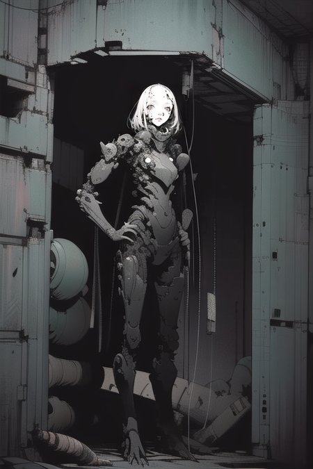 (masterpiece), (best quality), (high resolution), hyper detailed, solo, girl, detailed_background,vast, gigantic, decrepit scenery, covered in large tubes and cables, dim light, giant-gross-organic (organic works very well with buildings and city scenery) monsters-creatures, cyborg girl <lora:epiNoiseoffset_v2:1.3>, <lora:blameLora_v10:1>
