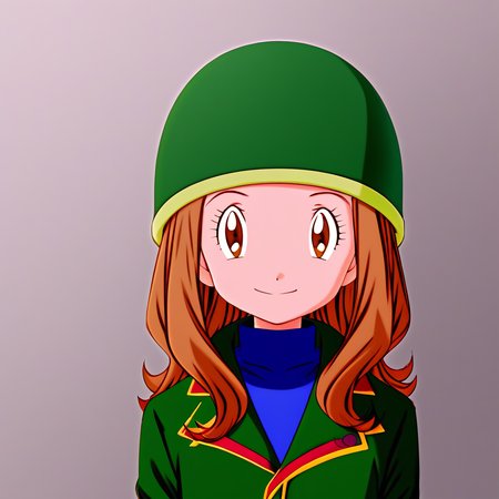digimon adventure 02, mimi tachikawa, brown hair, 1girl, solo, smile, brown eyes, long hair, brown hair, closed mouth, eyelashes, jacket, looking at viewer, hat, green headwear, coat, upper body, long sleeves, helmet, green jacket,winter clothes