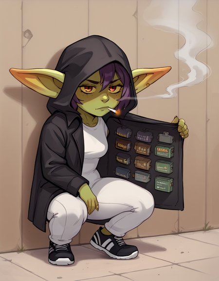 score_9,score_8_up,score_7_up, 1girl,solo, track suit shirt, track suit pants, black sneakers, squatting, m3rch4nt, hood, trench coat, open black coat, pack of cigarettes in coat, smoking, (two-toned track suit, black suit:1.2, white suit:1.2)
<lora:Goblin:0.8> goblin, short stature, pointed ears, green skin, shortstack,  <lora:Merchant:1>,