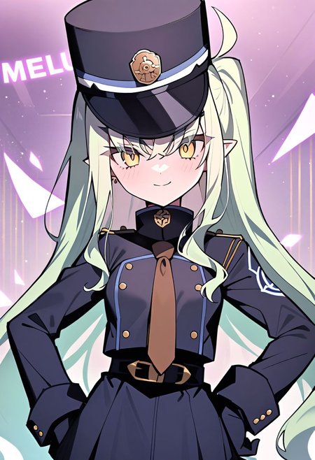 1girl, Melusine \(fate grand order\), fate grand order, solo, long hair, hat, white hair, pointy ears, yellow eyes, peaked cap, jacket, black gloves, hand on own hip, closed mouth, hair over one eye, looking at viewer, brown necktie, large breasts, eyes visible through hair, smile, long sleeves, side ponytail, gloves, upper body, light green hair, character name, necktie, breasts, english text, blush, black headwear, white jacket, 
masterpiece,best quality,  newest, absurdres, safe <lora:ag31_twin_fp8-000036:1>