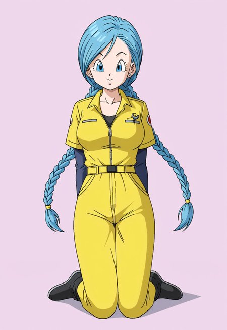 safe_pos, 
score_9, score_8_up, masterpiece, stunning realistic, best quality, sharpness, easynegative, ng_deepnegative_v1_75t, negative_hand,perfect hands,perfect fingers,1 girl,large breasts,yellow jumpsuit, black undershirt, short over long sleeves, layered sleeves ,bulma,(braided hair:1),(very long hair:1),( two ponytails:1), blue eyes, blue hair,kneeling,(arms behind back;1)