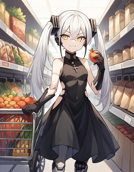 score_9, score_8_up, score_7_up, source_anime, <lora:girlsfrontline-destroyer-ponyxl-lora-nochekaiser:1>, destroyer, white hair, black hair, streaked hair, yellow eyes, cross bangs, multicolored hair,, android, bare shoulders, clothing cutout, dress, gloves, joints, mechanical legs, robot, robot joints, side cutout, twintails,, grocery store, shopping cart, picking fruits, everyday life, smile, smug, looking at viewer, solo,, dutch angle, cowboy shot
