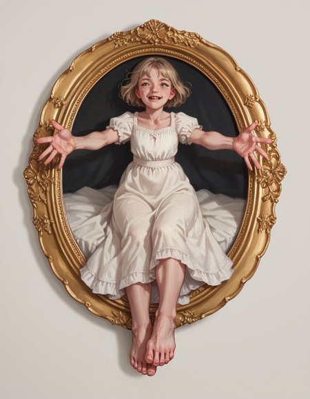 score_9, score_8_up, score_7_up, score_6_up, score_5_up, score_4_up, hud_3dfr4me, 1girl, dress, reaching arms, feet, picture frame <lora:framed:0.8>,