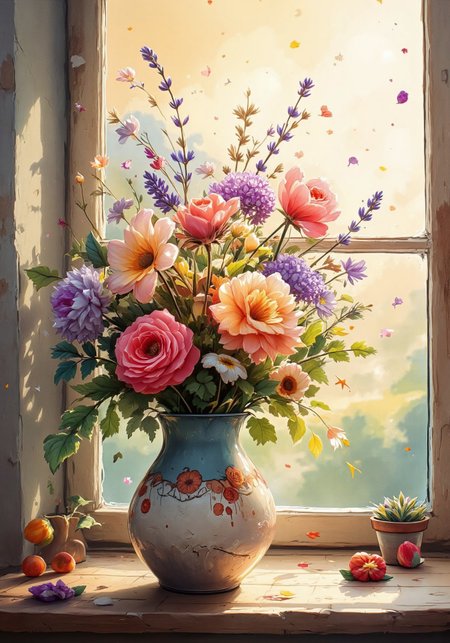 in the style of Jedwtrsk, watercolor, sketch, A beautifully crafted ceramic vase filled with a variety of vibrant flowers—roses, daisies, tulips, and lavender—sits gracefully on a windowsill. The window overlooks a serene countryside landscape. Warm golden and pink hues from the setting sun flood the room, casting soft shadows and highlighting the textures of the petals and leaves. The light creates a cozy, peaceful atmosphere, with gentle reflections on the glass window