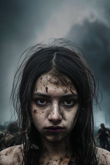 A portrait photo of a beautiful girl, dirty face, smudge, war, fire, riots, people, running, chaos, halo, smoke, lights