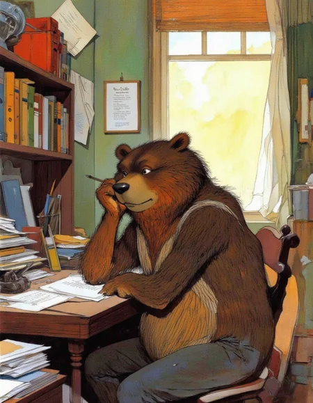 <lora:chzcat:1>, A thoughtful cartoon bear sitting at a desk in a study corner, surrounded by colorful stationery and papers. The bear holds a pencil, looking slightly puzzled but determined, with sunlight streaming through a large window behind them