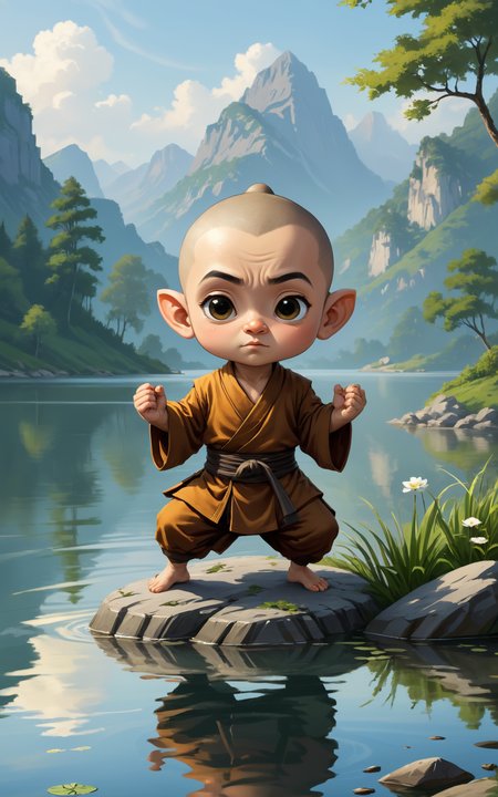 A playful vector art illustration by Zara Finch of a halfling monk practicing martial arts on a serene lakeside, with their head slightly larger than usual, but not quite chibi-sized. The halfling is captured in a dynamic, fluid martial arts pose, demonstrating balance and grace. Their expression is one of inner peace and focus, contrasting with the playful style and highlighting the monk's discipline. This is accentuated by the larger head size. The background is a tranquil lakeside scene, with gentle ripples on the water and a peaceful horizon, using a calm and soothing color palette to enhance the serene setting.
