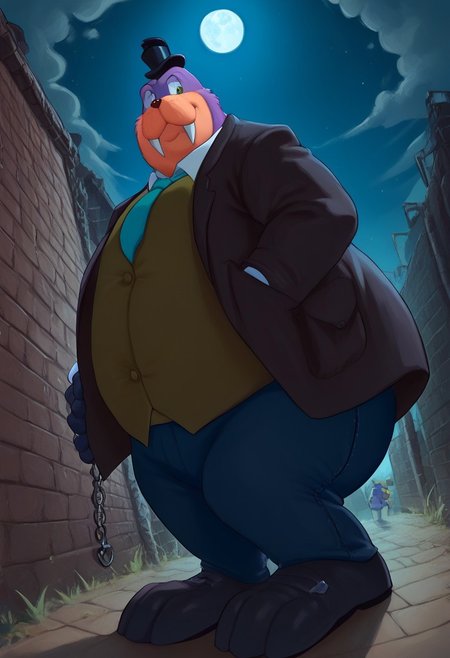 score_9, score_8_up, score_7_up, sfw, rotund, furry male, Rotor the walrus as mr walrus, with large mustache, <lora:MrWalrus_PXL_Leaf1:1>, green eyes, fangs, furry,  furry anthro, alley, dutch angle, posing,  clothed, (((dutch angle, posing, from below))), walrus, fat, overweight, walrus tusks, squinting eyes, smile, solo, 1boy, male focus, <lora:pony_monocles-step00000800:1>,(monocle),round eyewear, top hat,, suit, gloves, furry male, mustache, necktie, a robber-baron wearing a monocle on a chain on his left eye, top hat, white shirt, black vest from 1900, holding a pocketwatch, standing
BREAK
city, ruins, back alley, outside, night, moon, stars, ambient light,