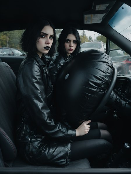 a portrait of a goth girl driving a car, car crash, pressed in an airbag, looking angry, 1girl, solo
 <lora:AirbagCrashWomanXDL:0.6>
