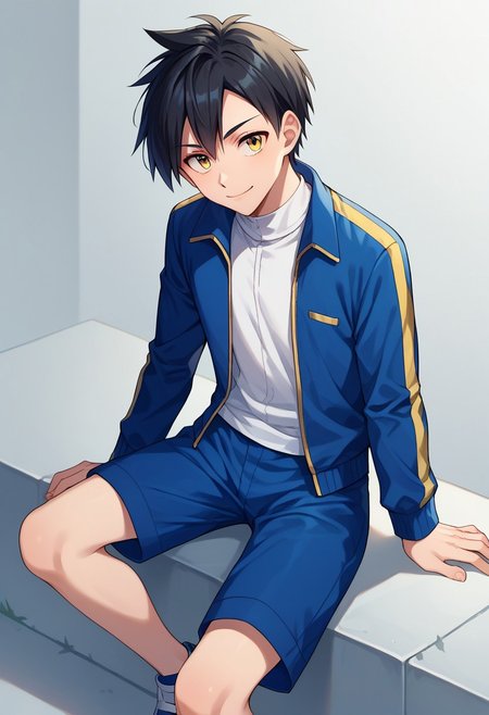 score_9, score_8_up, score_7_up, source_anime, highly detailed, 
pokegold, 1boy, male focus, shorts, jacket, solo, black hair, yellow eyes, shoes, shirt, open jacket, blue jacket, sitting,
white shirt, smile, closed mouth, blue shorts, open clothes, track jacket, sneakers, short hair, long sleeves,
outdoor,