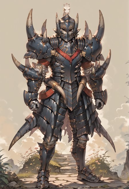 (score_9:0.9),score_8_up,score_7_up,rating_safe,anime style,(zPDXL),<lora:Akantor armor - male ponyXL v1:0.8>,akantor armor, full armor, solo, black helmet, 1boy, male focus, standing, full body, black gauntlets, black shoulder armor, white feather, black armor boots, black armor skirt, covered face,
