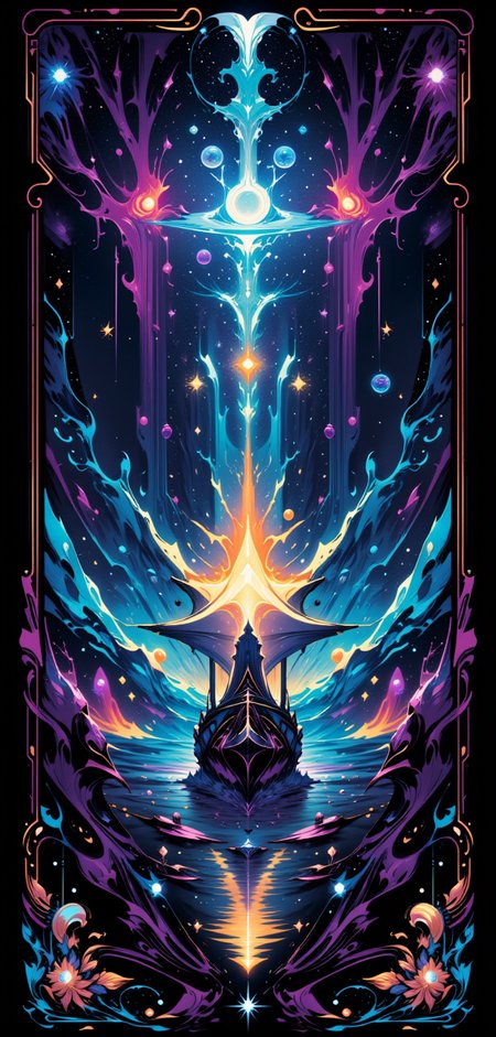 "A stylized Tarot card titled 'The Cosmic Voyager,' featuring a grand galleon with a hull of shimmering metal and wood, sailing across an ocean of deep space filled with luminous nebulae and spiraling galaxies. The ship, echoing the design of 'Lisette,' is propelled by sails made of pure energy, glowing with vibrant hues of blue and violet. At the heart of the card, 'The Voyager' is depicted as a figure cloaked in a robe that shifts like the night sky, holding a radiant astrolabe that casts beams of light across the cosmos. The border is intricately detailed with celestial motifs and futuristic patterns, glowing softly against the dark, cosmic backdrop. The scene captures the spirit of exploration and the endless journey through the mysteries of the universe."
<lora:abstract_render_flux:0.4>,<lora:Painted_World_Flux:0.8>,<lora:Dreamwave_FLUX:0.6>,<lora:dreamlands_flux:0.6>,