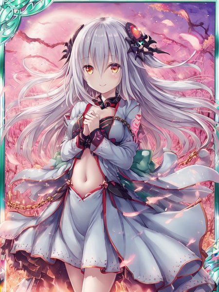 <lora:calamity:1>,1girl,bound,chained,character_name,dress,hair_ornament,long_hair,moon_\\(ornament\\),navel,solo,tree,wind,smile,japanese_clothes,