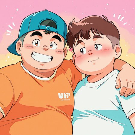 painted_style, watercolor_style, no_lineart, negative_space, retro, 1980s, anime, soft_colors, pastel, (gaussian_blur:1.2), line_blur, portrait, 1_looking_at_viewer, 1_looking_at_another

2boys, chubby, fat, big_boy, tall, bara, beefy, detailed_face, detailed_eyes, short_hair, 1_wavy_hair, 1_straight_hair, bowlcut, undercut, clothes, 1_backwards_hat

standing, side_by_side, arm_around_shoulder, posing, 1_big_smile, 1_shy, V

drop_shadow, color_background, three_quarter_view

best_quality, very_aesthetic, newest, absurdres, masterpiece, detailed, heavy_blush, nose_blush, floating_heart