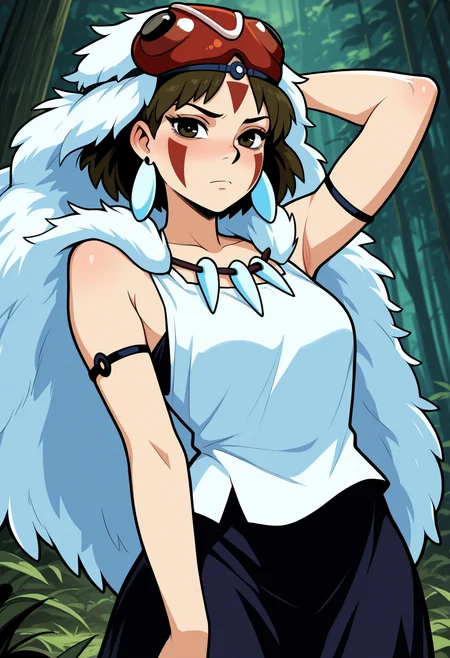 masterpiece, best quality, amazing quality, necrodancerStyle  <lora:necrodancerStyle_illustrious_byJaneB:1>,
1girl, solo, san \(mononoke hime\), arm behind head, close view