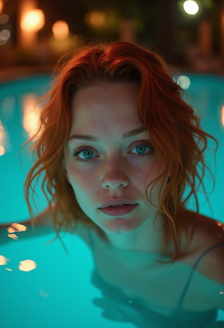 a highly detailed, professional photograph featuring a young woman submerged up to her shoulders in a pool at night, the woman has fair skin and striking red, wavy hair that cascades around her shoulders, her eyes are large and expressive, with a vivid blue hue, and her lips are full and naturally pink, she has a delicate, almost ethereal facial structure with high cheekbones and a slight blush on her cheeks, giving her a youthful and radiant appearance, the background is blurred, with bokeh lights in various colors, creating a dreamy, ethereal atmosphere, the pool water is a vibrant turquoise, reflecting the lights and creating a mirror-like effect around her, reflecting her face on the surface of the pool, not showing what's underwater, the overall composition is dynamic, with the woman's head and shoulders partially submerged in the water, and the background slightly out of focus, adding depth and a sense of mystery to the image, the lighting is soft and diffused, enhancing the ethereal quality of the scene