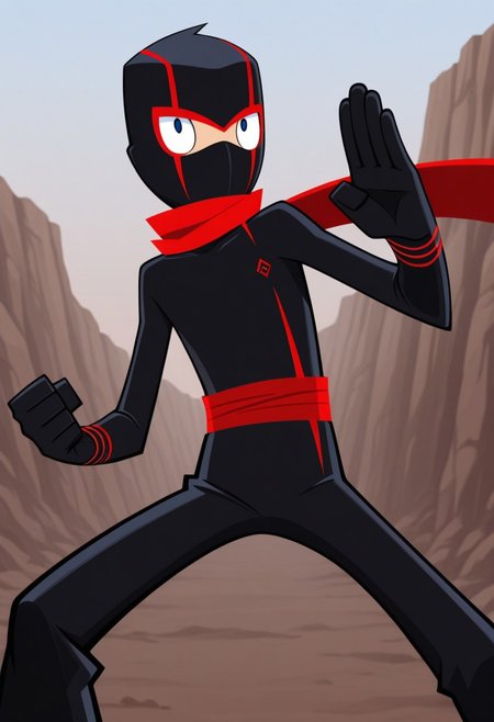 masterpiece,best quality,amazing quality, 
RandyCunningham, 1boy, male focus, solo, blue eyes, ninja, mask, black bodysuit, scarf, red scarf, outdoor, fighting stance,