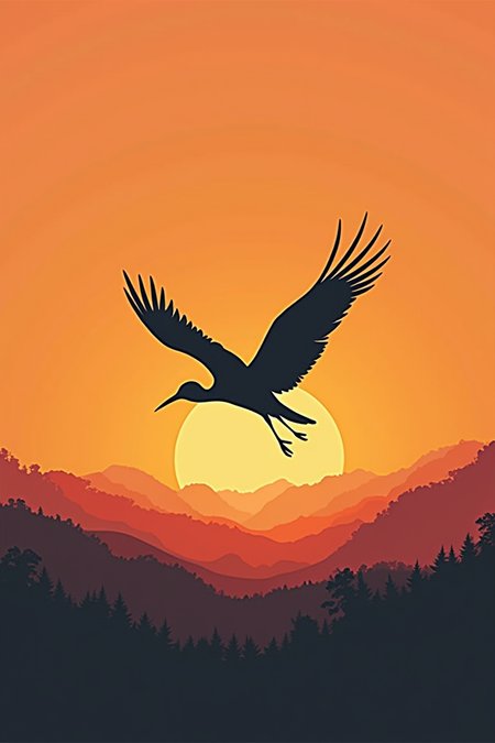 Very beautiful and elegant bird at sunset, masterpiece, logo aesthetics, minimalist illustration, ink art.
