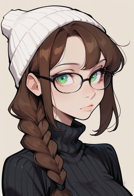 {{masterpiece,best quality,amazing quality,absurdres}}, {{flat shading, cel shading}}, 
BREAK
1girl, solo, simple background, portrait, upper body, brown hair, bangs, single braid, white beanie, black glasses, green eyes, black sweater, turtleneck, ribbed sweater, expressionless