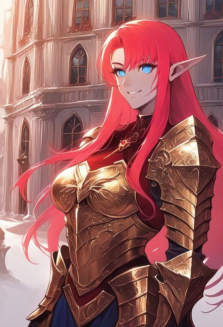 score_9, score_8_up, score_7_up, source_6_up, source_anime, source_real, cowboy shot, eldringpxl, elden ring, MLDYork, duke of york \(azur lane\), blue eyes, large breasts, long hair, pink hair, pointy ears, smile, seductive smile, crucible knight, reddish gold armor, bronze armor, armor, full armor, breastplate, outside, city, white marble buildings, gold detailing, Thomas Kinkade,