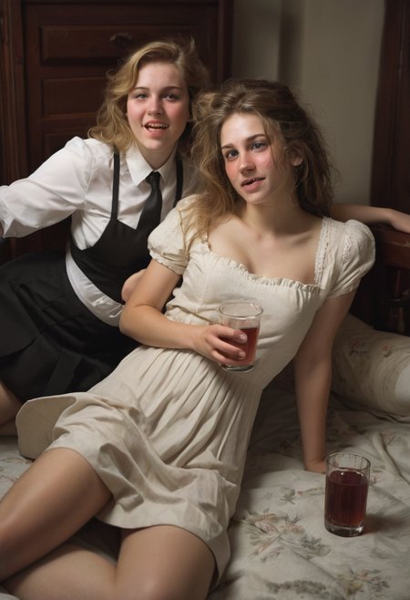 Darker lighting and atmosphere. Sensual and turned on by each other. Drinking sacrament wine.  More drunk. One woman has large breasts.Hyper realistic. More drunk and wasted. Two Mormon sister missionaries getting drunk in their apartment after a long day proselyting. They are obviously visibly very intoxicated.  Leaning together lovingly. Very drunk eyes. Very drunk sultry eye contact. more drunk expression. Disheveled hair. (((Falling, tripping, staggering, dizzy, sleepy))). (((blackout drunk))).Realistic skin. Film grain. Typical lighting wearing a nice modern dress. (((20 year old Mormon Temple square sister  missionary))). Her hair is very disheveled. She drank a lot of tequila(((heavily lidded, drunk eyes))) incoherent, and completely hammered.
 (((incoherent, wasted))) very  drunk. realistic photo.{{{increasingly wasted}}} after having way too much to drink.  (((falling down))) drunken expression. cinematic lighting. (((Flirting))). Soft contented smile. She's completely wasted and wants to have sex tonight.