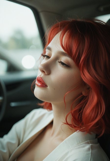 close up shot, 19yo woman, lipstick, hair waist-length red hair, bangs covering the left side of her face with a wavy mid-back length red hair strand resting on her left shoulder and her eyes are brown, kimono. shallow depth of field, vignette, highly detailed, high budget, bokeh, cinemascope, moody, epic, gorgeous, film grain, grainy，sad, sentimental, gloomy, 