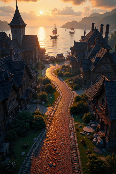 a peacful viking village with a port in which 2 boats are docked. The roads are made of red brick. The homes are made of wood. One bigger building is made of stone. its dawn. A drakkar is on the sea.  Fantastic lighting. Detailed shadows.intricate details, vivid colors, hyper-detailed, ultra-sharp<lora:FluxMythR3alisticF:0.4><lora:midjourney_whisper_flux_lora_v01:0.4><lora:aidmaMJ6.1-FLUX-V0.1:0.4><lora:Movie_Portrait:0.4><lora:Flux DetailerV2:0.4>