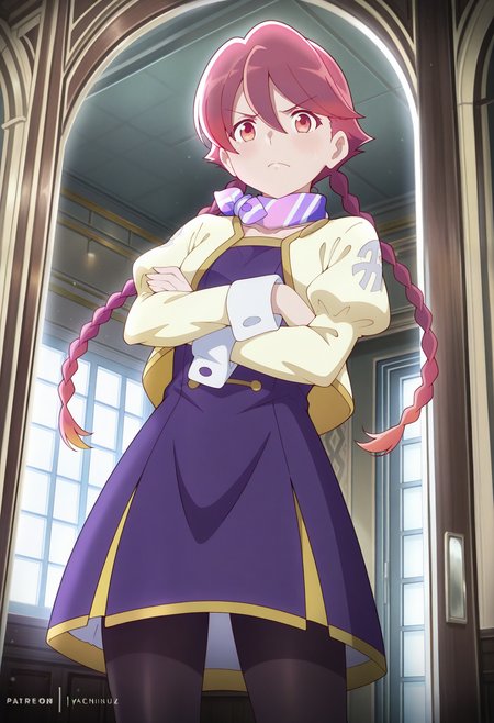 masterpiece, best quality,  absurdres, highres, cinematic light, 1girl,  <lora:yachiyo:1>, yachiyowz, red hair, long hair, twin braids, hair between eyes, gradient hair, red eyes, scarf, multicolored scarf, striped scarf, purple dress, yellow jacket, cropped jacket, long sleeves, juliet sleeves, black pantyhose, from below, standing, crossed arms, hotel, indoors, architecture, crossed arms, angry, looking at viewer, eufoniuz, lobby, glass door,