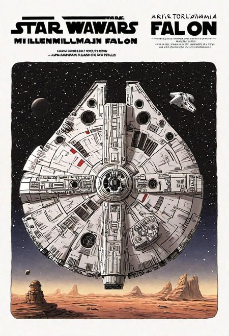 Manga book cover of star wars Millennium Falcon, side view, book cover with text "Star Wars", Akira toriyama style , blank background , full colour, hand drawing