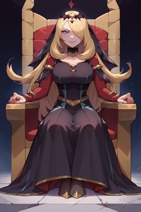 score_9, score_8_up, score_7_up, score_6_up, source_anime BREAK 1girl, solo  <lora:pkmncynthia-pdxl-nvwls-v1-000006:1> renCyn, hair over one eye, tiara, veil, choker, black dress, red sleeves, pantyhose, (big breasts:0.8), sitting, throne, looking at you, smile