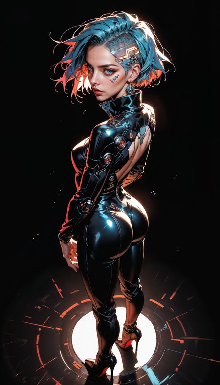 score_9, score_8_up, score_7_up, score_6_up, score_5_up, score_4_up,  source_anime, Best quality, Depth of field, blue and white color theme, anime style, Beautiful face and skin, Single woman, Cyberpunk city, standing, From above, Short hair, Closed mouth, Glossy lips, Shiny eyes, Slanted eyes, leather suit, big butt, booty, bubble butt, provocative, ass view, bare ass, unzipped suit, pulled down pants, seductive, High heels, Model pose, Dynamic pose, Simple background, Neon lights, Backlit lens flare  <lora:Expressive_H-000001:0.6>, expressiveH    <lora:g0th1cPXL:0.4> <lora:incase_style_v3-1_ponyxl_ilff:0.3>    <lora:sinfully_stylish_SDXL:0.4>