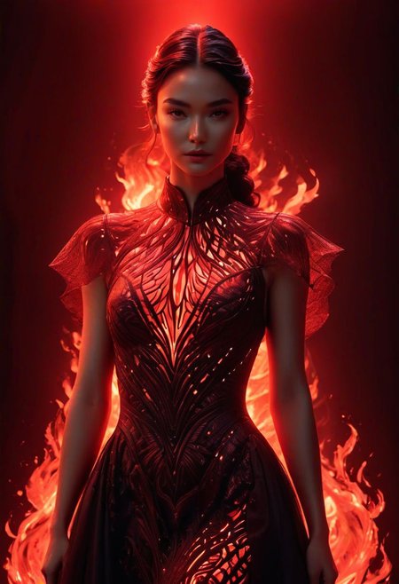 a woman in a black dress with red light on her face, glowing red, red and cinematic lighting, red glowing skin, red glow, cinematic red lighting, darkness aura red light, 3 d neon art of a womens body, red neon, red on black, detailed red lighting, with glowing red eyes, red lighting, dark glowing red aura