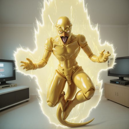 realistic, photorealistic, photo, cosplay photo, masterpiece, best quality, newest, absurdres, highres, redhotchilipepper, solo, full body, 1boy, stand (jojo), colored skin, red eyes, beak, joints, tail, leaning, looking at viewer, aura, floating, open mouth, tongue, BREAK, indoors, television, electricity